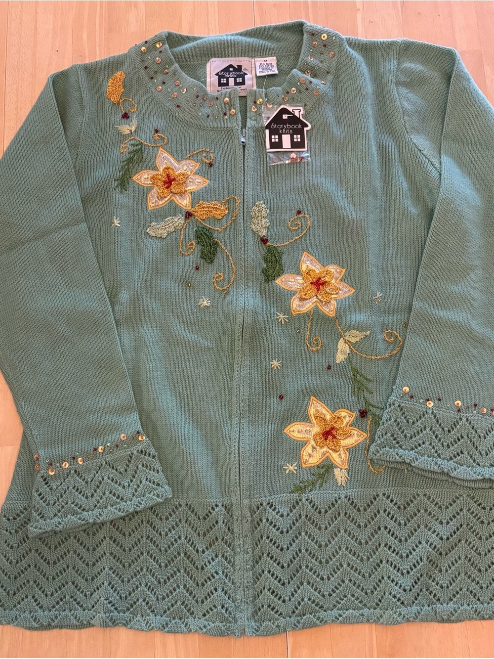 NWT Storybook Green Floral Embroidered Zip Cardigan Size M